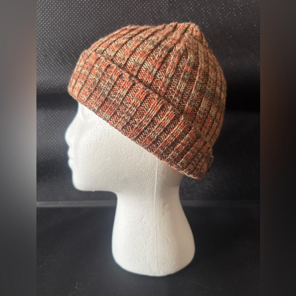 Winter Beanie, Men’s size OS, Orange and Brown, Knit Ribbed Beanie